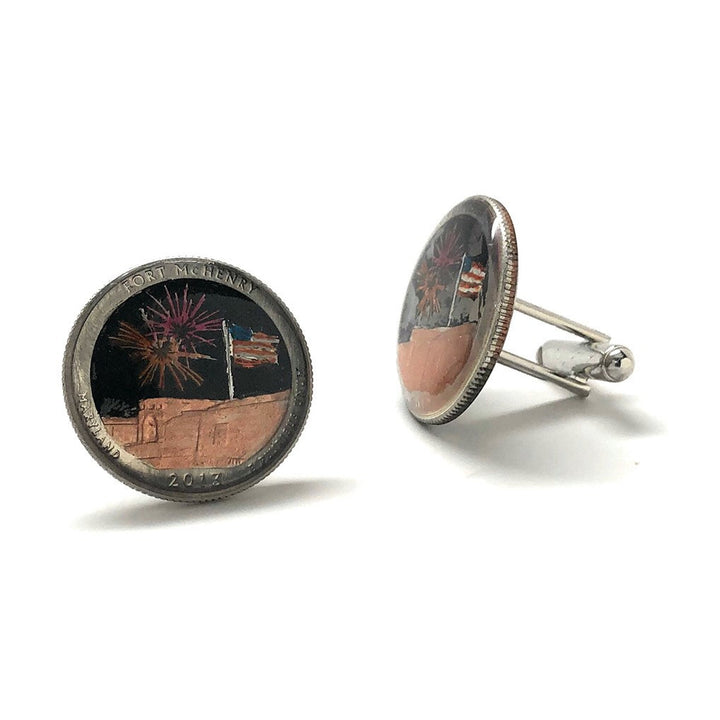 Birth Year Enamel Cufflinks Hand Painted Fort McHenry Enamel Coin Jewelry Currency Finance Accountant Cuff Links Image 2