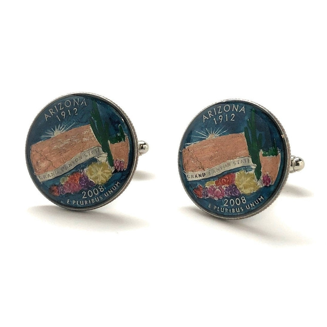 Enamel Cufflinks Hand Painted Arizona State Quarter Cactus Enamel Coin Jewelry Money Currency Finance Accountant Cuff Image 4