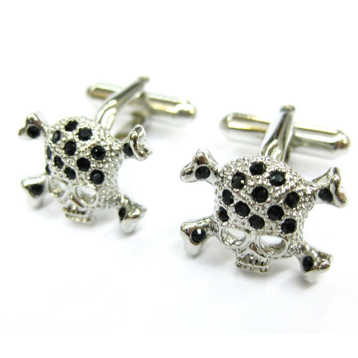 Designer Black Crystal Skull Skeleton Head with Crossbones Cufflinks Cuff Links Image 1