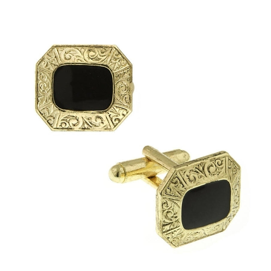 Embossed Square Cufflinks Gold Tone Persian Black Enamel Cuff Links Image 1