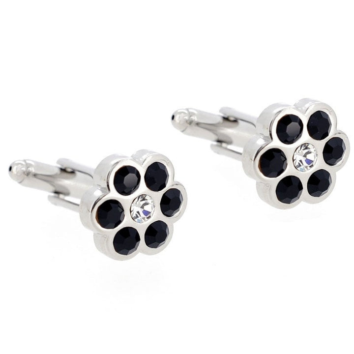 Crystals Jet Black Petals Floral Wedding Flower Cufflinks Cuff Links Image 1