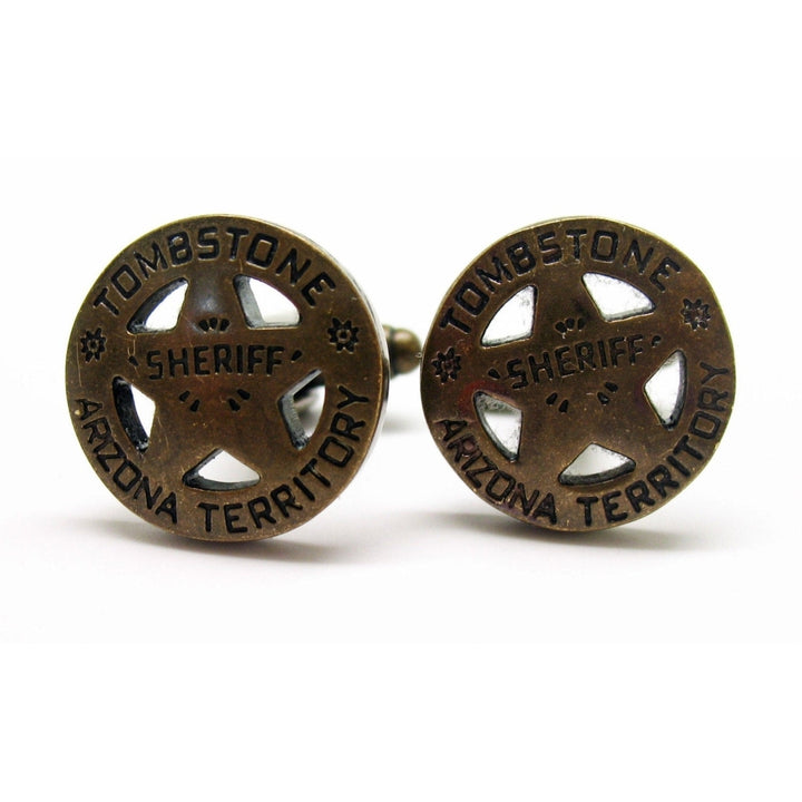 Tombstone Arizona Cufflinks Old West Antique Brass Territory Sheriff Badge Cuff Links Image 1