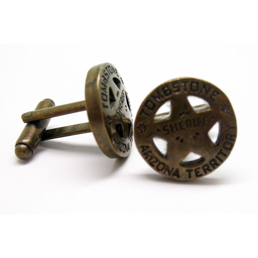 Tombstone Arizona Cufflinks Old West Antique Brass Territory Sheriff Badge Cuff Links Image 2