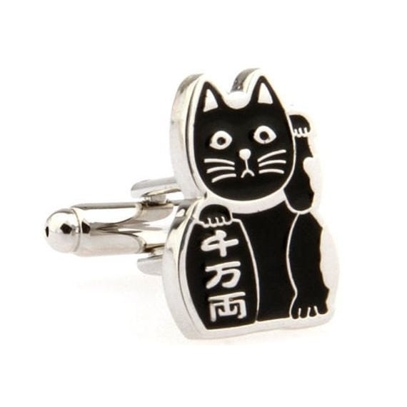 Black Japanese Cat Cufflinks Lucky Cat Bring Protection to Owner Cufflinks Image 1