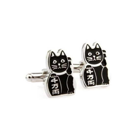 Black Japanese Cat Cufflinks Lucky Cat Bring Protection to Owner Cufflinks Image 2