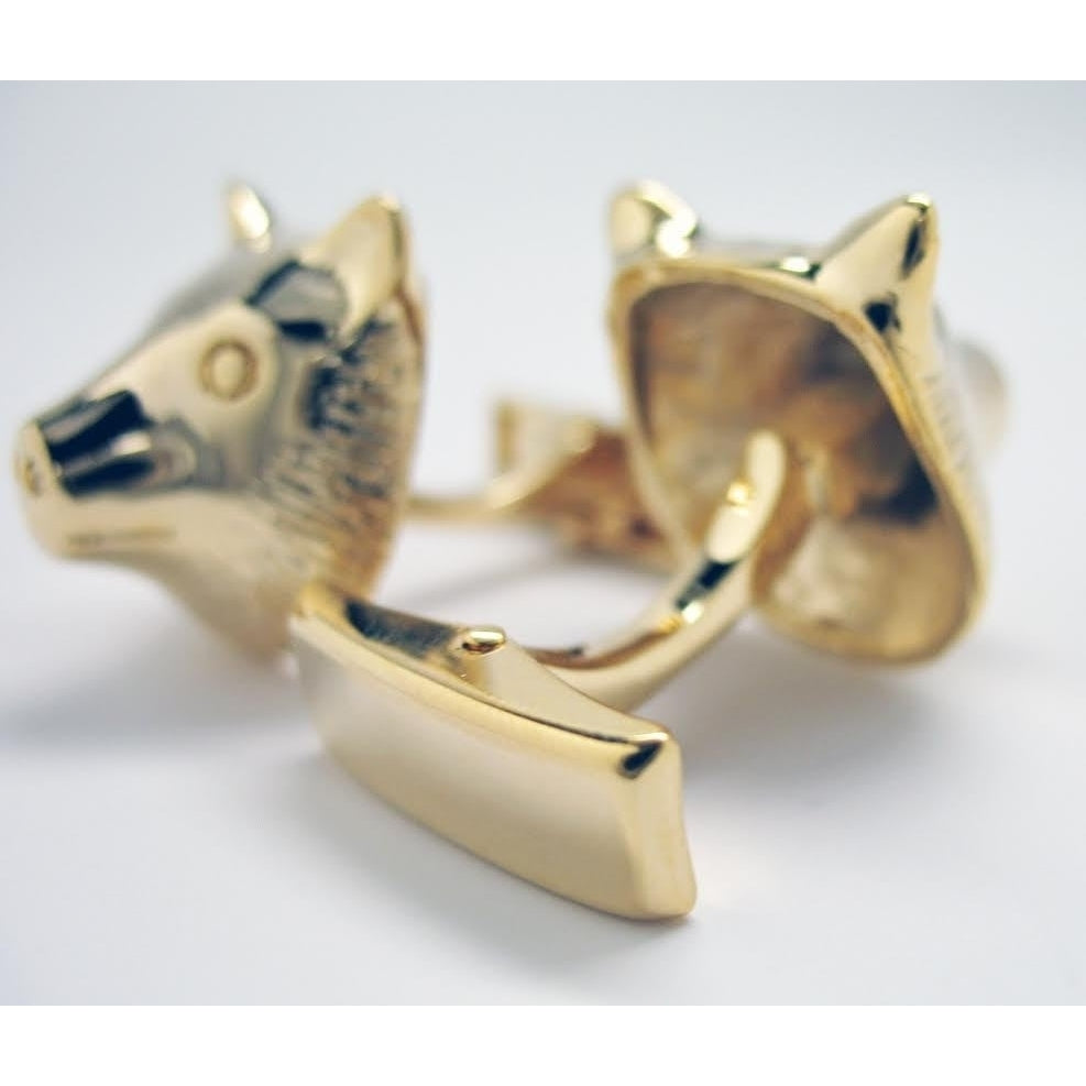 Gold Tone Wild Pig Wart Hog Mounted Head w Whale Back Cufflinks Cuff Links Image 2