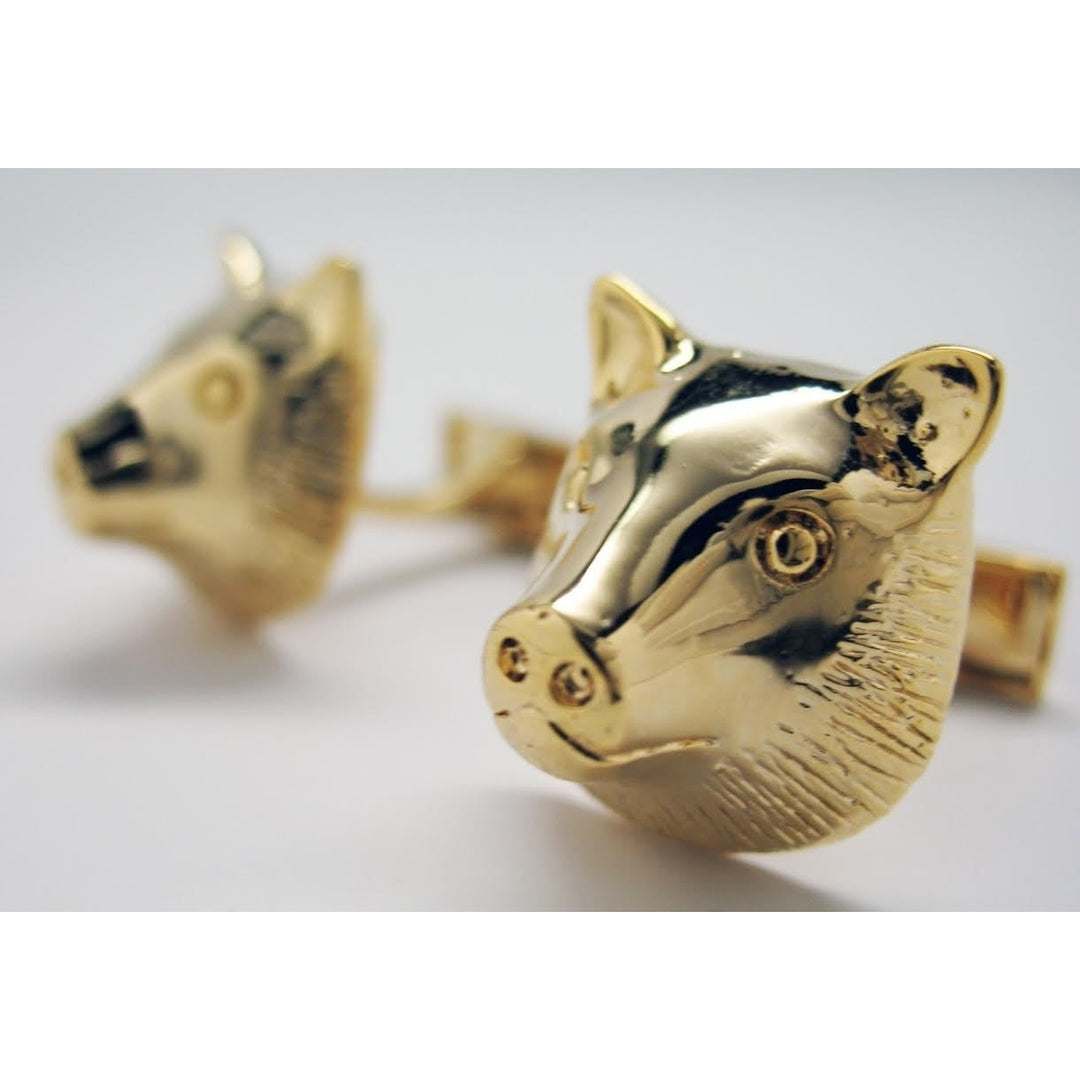 Gold Tone Wild Pig Wart Hog Mounted Head w Whale Back Cufflinks Cuff Links Image 3