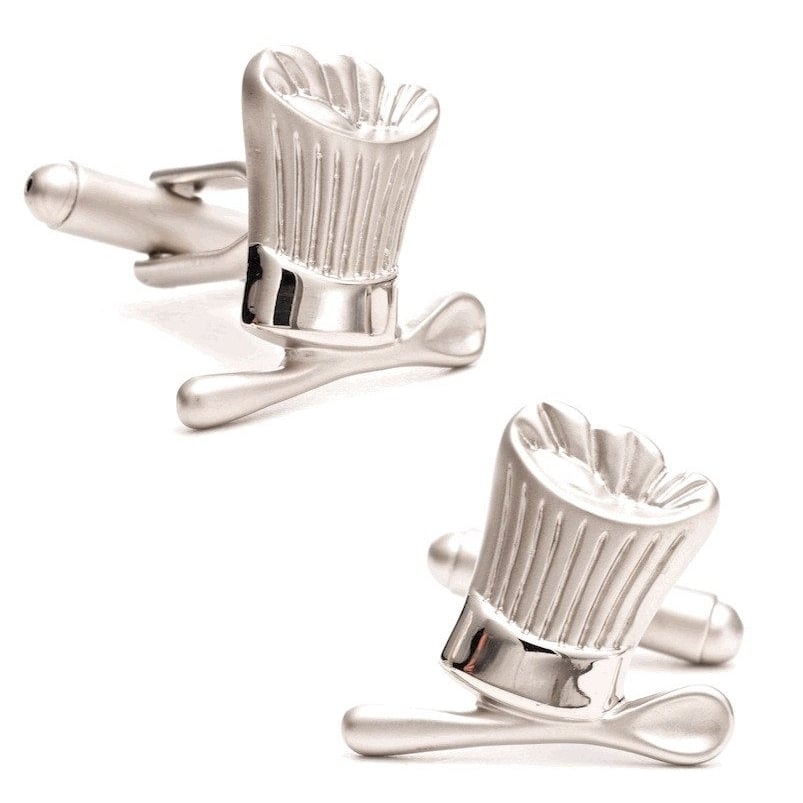 Chefs Hat and Spoon Cufflinks Bakers Burshed Cook Kitchen Silver Tone Cuff Links Image 1