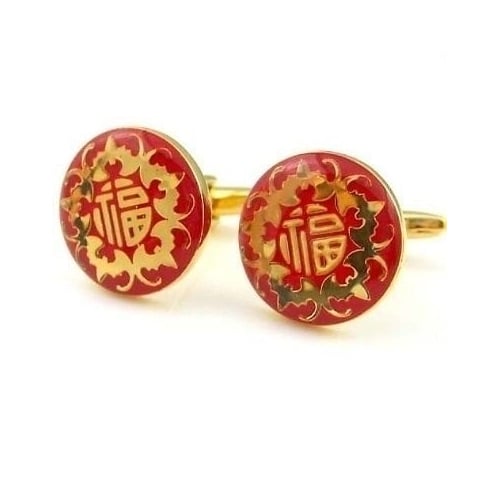 Chinese Happiness Cufflinks Red Enamel Gold Tone Cuff Links Good Luck Charms Happiness Symbol Gifts for Him Image 1