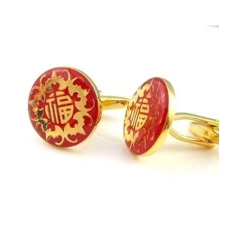 Chinese Happiness Cufflinks Red Enamel Gold Tone Cuff Links Good Luck Charms Happiness Symbol Gifts for Him Image 2