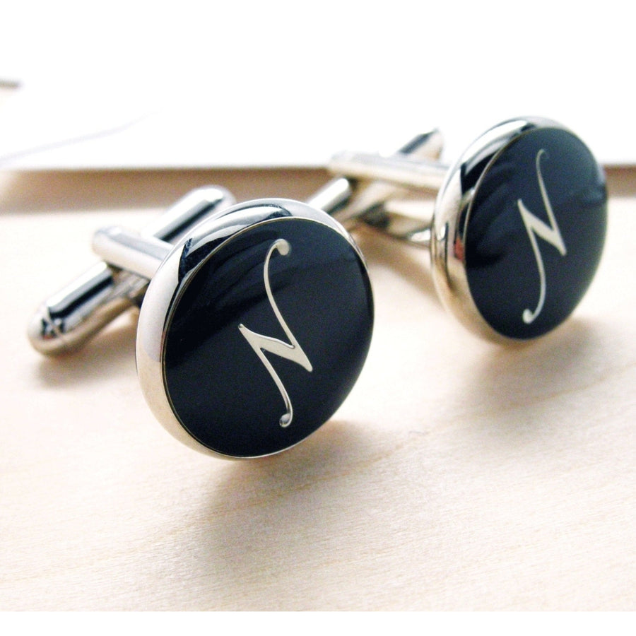 N Cufflinks Silver Round Black Enamel Script Letters Vintage Initials Cuff Links Groom Father Bride Wedding Anniversary Image 1