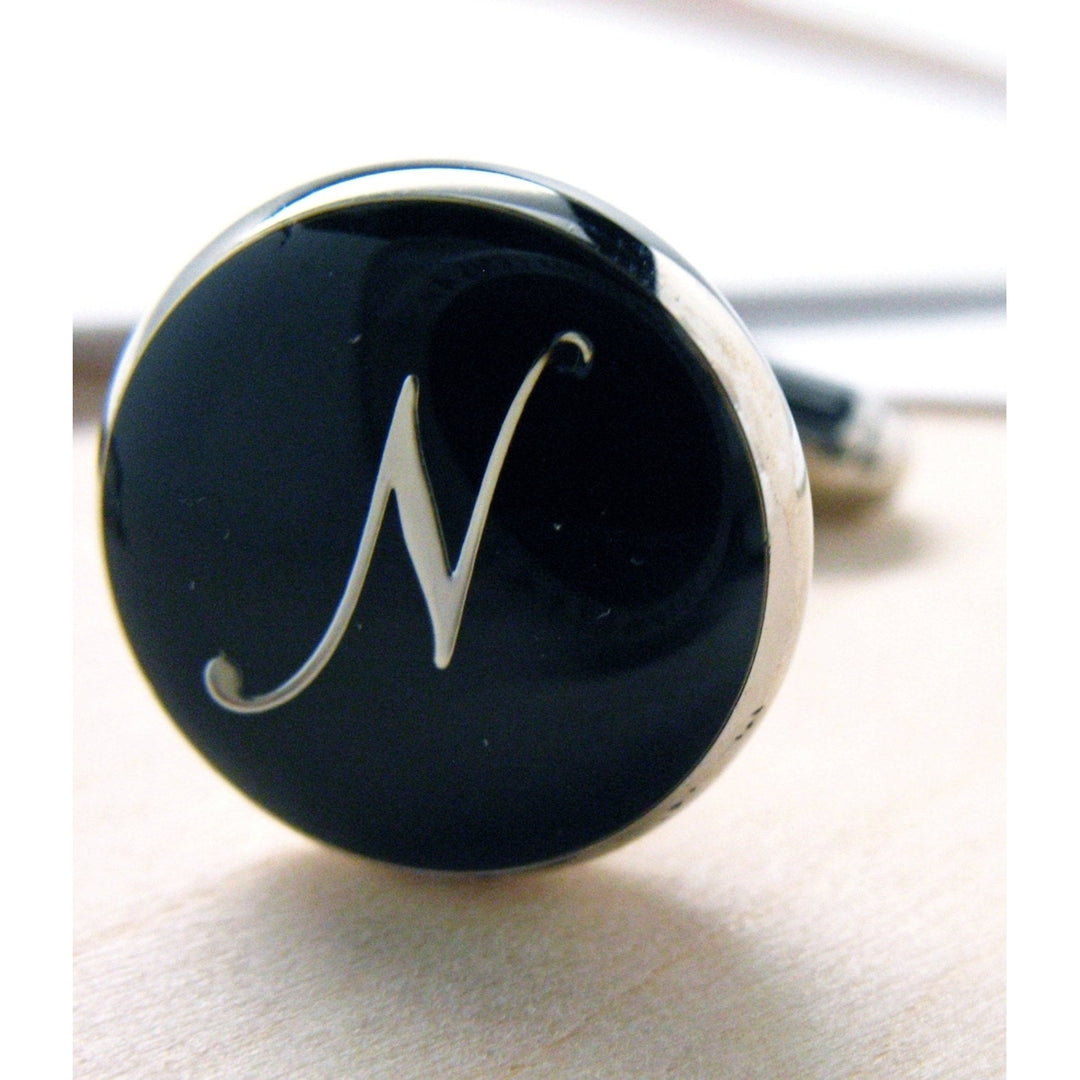 N Cufflinks Silver Round Black Enamel Script Letters Vintage Initials Cuff Links Groom Father Bride Wedding Anniversary Image 2