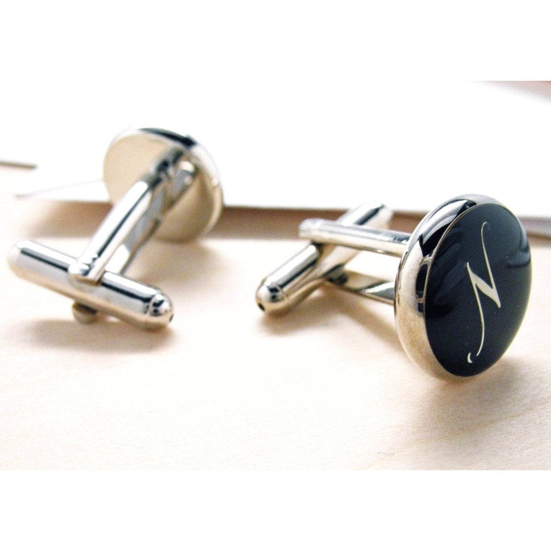 N Cufflinks Silver Round Black Enamel Script Letters Vintage Initials Cuff Links Groom Father Bride Wedding Anniversary Image 3