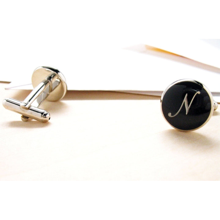 N Cufflinks Silver Round Black Enamel Script Letters Vintage Initials Cuff Links Groom Father Bride Wedding Anniversary Image 4