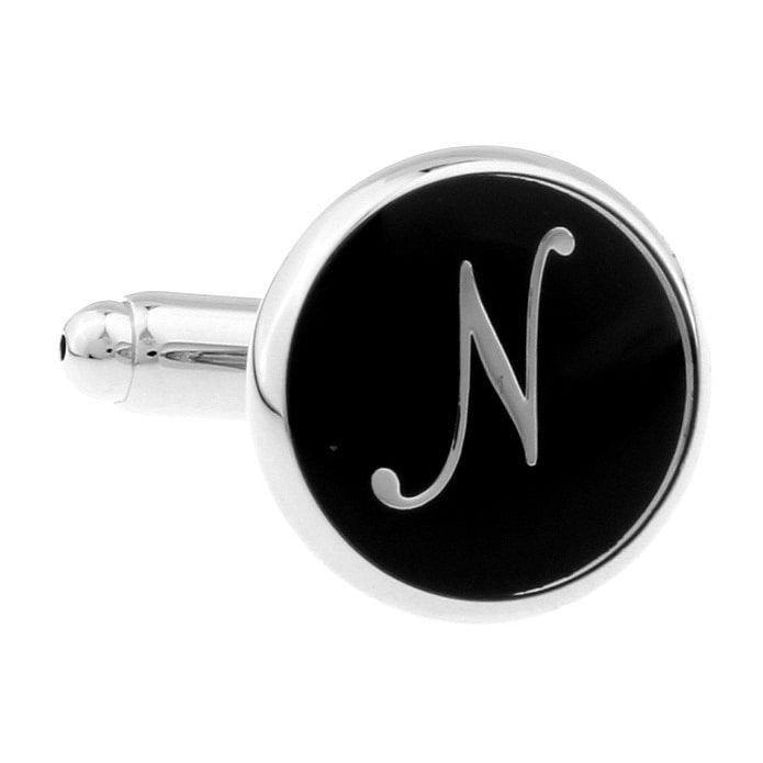 N Cufflinks Silver Round Black Enamel Script Letters Vintage Initials Cuff Links Groom Father Bride Wedding Anniversary Image 4