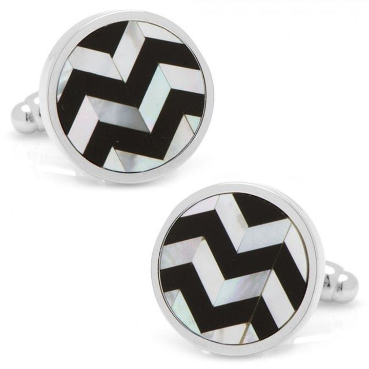 Mother of Pearl and Onyx Cufflinks Chevron Stripe MOP and Black Onyx Formal One of Kind Cuff Links Image 1