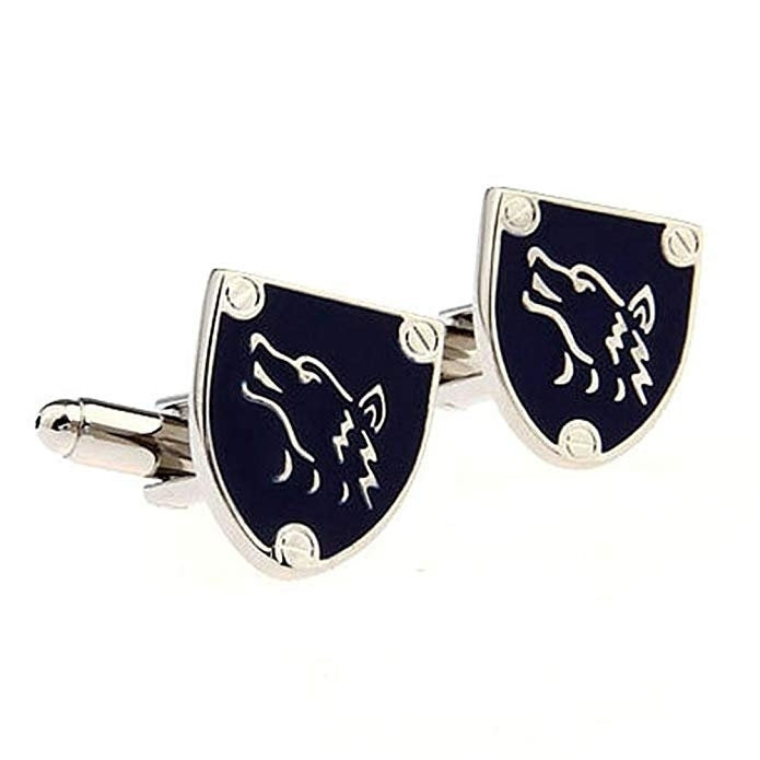 Silver Tone Blue Werewolf Wolf Shield Cufflinks Cuff Links Image 1