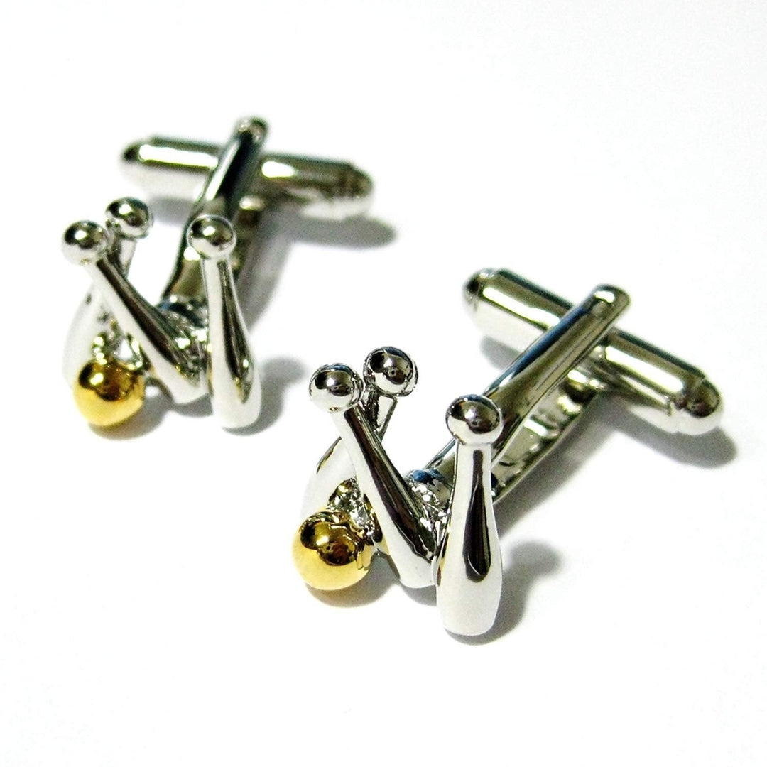 Silver with Gold Tone Bowling Bowler 3D Pins and Bowling Ball Sports Cufflinks Cool Fun Sports Cuff Links Comes with Image 1