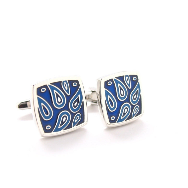 Paisley Cuff Links Mens Cufflinks Blue Square Designer Cut Silver Toned Image 1