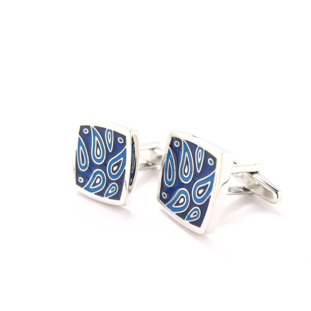 Paisley Cuff Links Mens Cufflinks Blue Square Designer Cut Silver Toned Image 2