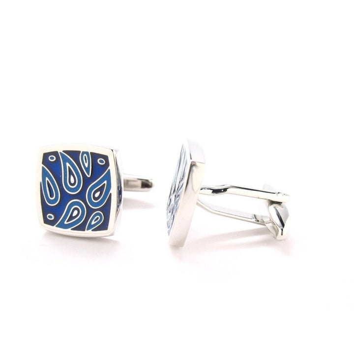 Paisley Cuff Links Mens Cufflinks Blue Square Designer Cut Silver Toned Image 3