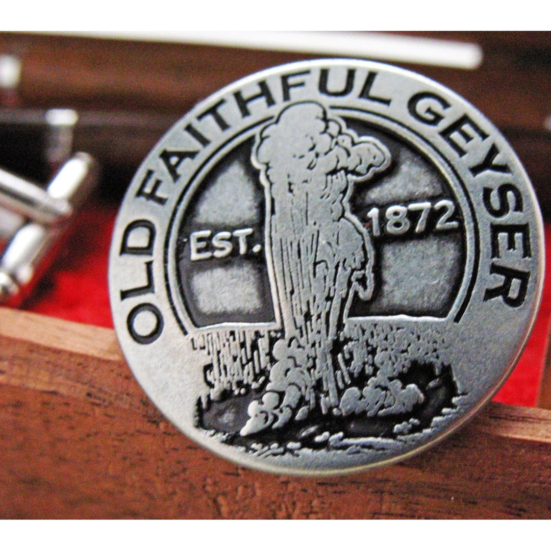 Enamel Cufflinks Yellowstone Old Faithful Geyser Token Silver Toned Classic Yellow Stone Park Transit Tokens Cuff Links Image 3