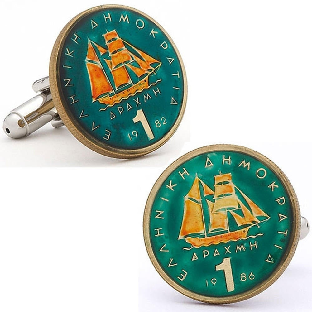 Enamel Cufflinks Hand Painted Greek Enamel Coin Jewelry Cuff Links Grecian World Travel Souvenir Very Cool Rare Vintage Image 1