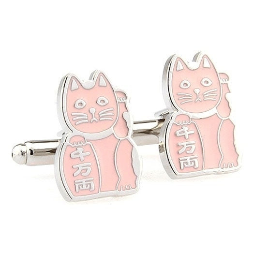 Pink Maneki-neko Japanese Lucky Cat Bring Good Luck to Owner Cufflinks Image 1