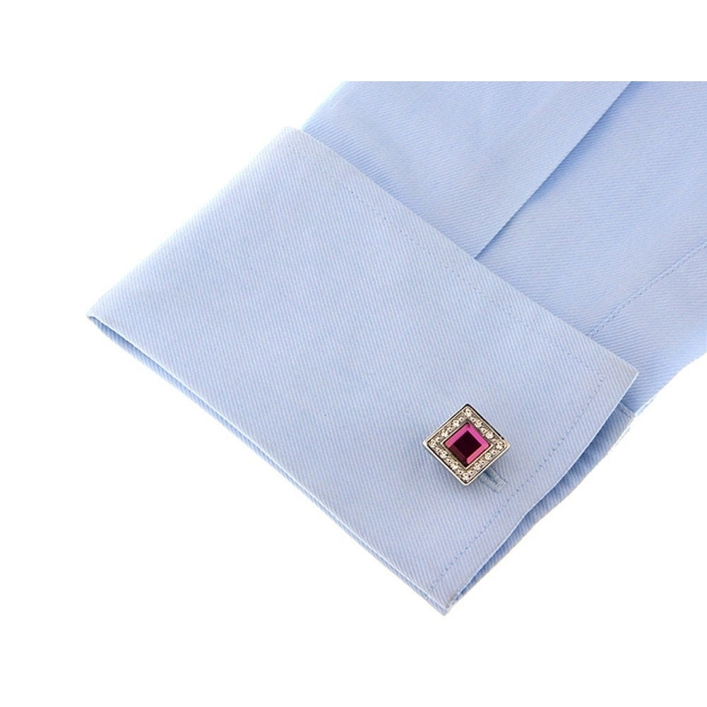 Mens Cufflinks Amethyst Cut Design Silver Tone Band with Sea Of Clear Crystals Border Cuff Links Comes with Gift Box Image 4