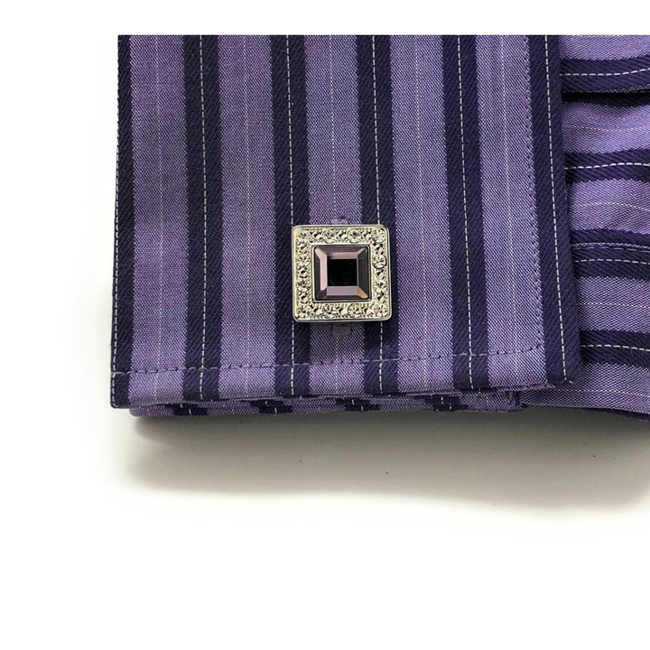 Mens Cufflinks Purple Agate Cut Design Silver Tone Band with Sea Of Clear Crystals Border Cuff Links Comes with Gift Box Image 4