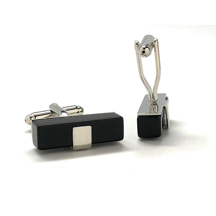 Mens Cufflinks Black Thick Slab Band Onyx with Silver Band Cuff Links Comes with Gift Box Image 3