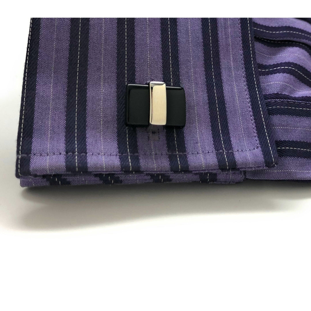 Mens Cufflinks Silver Tone Band Holding Black Agate Cuff Links Comes with Gift Box Image 4