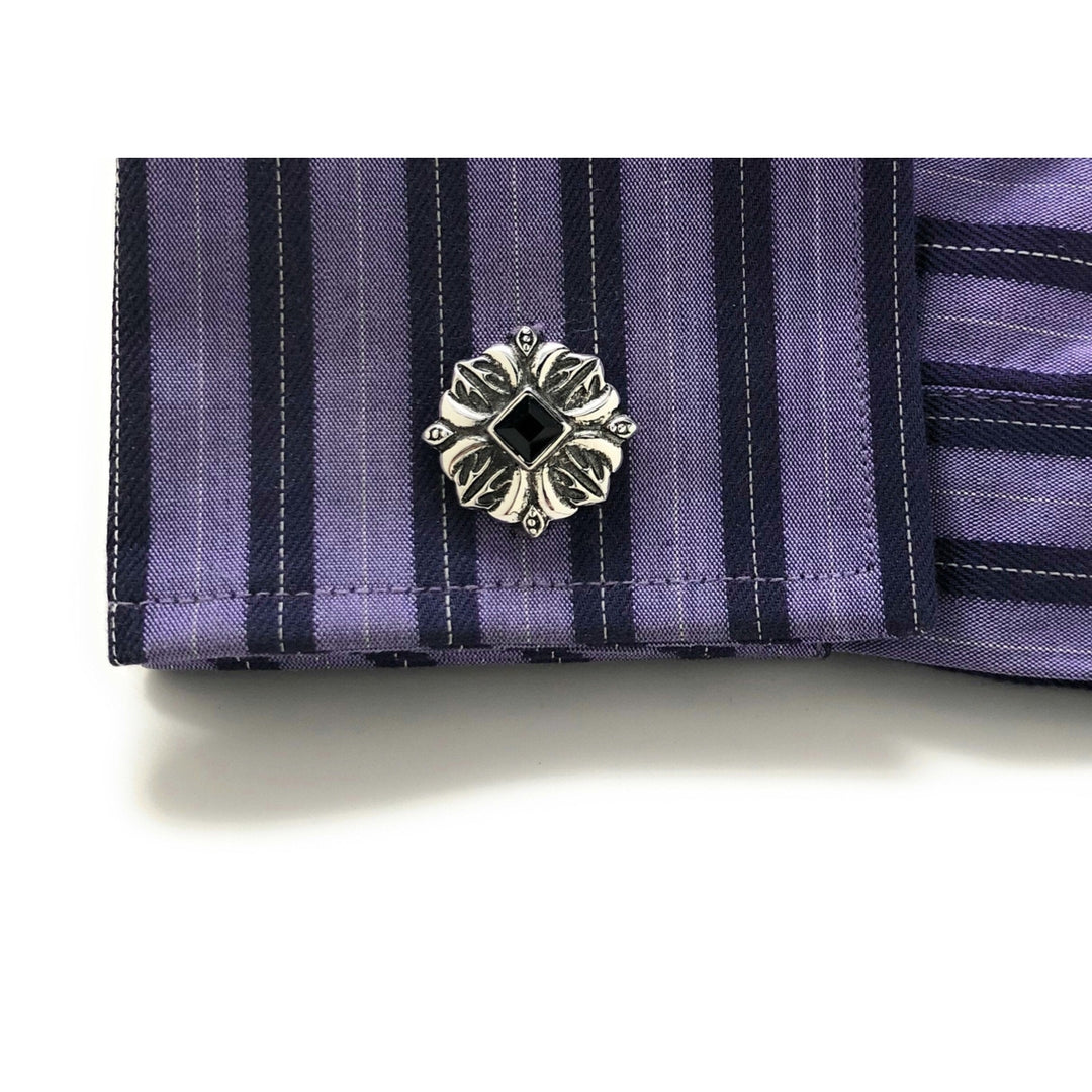 Mens Cufflinks Black Agate Diamond Cut Ornate Design Silver Tone Designer Hand Crafted Cuff Links Comes with Gift Box Image 4