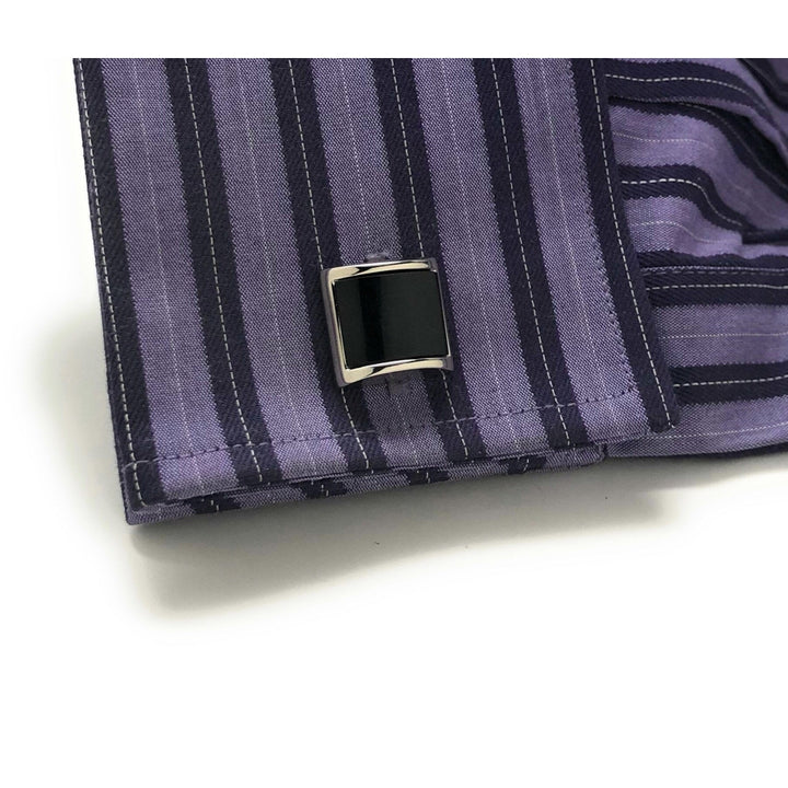 Mens Cufflinks Black Agate Silver Tone Stripe Big Curved Dome Shaped Designer Cut Silver Cuff Links Comes with Gift Box Image 4