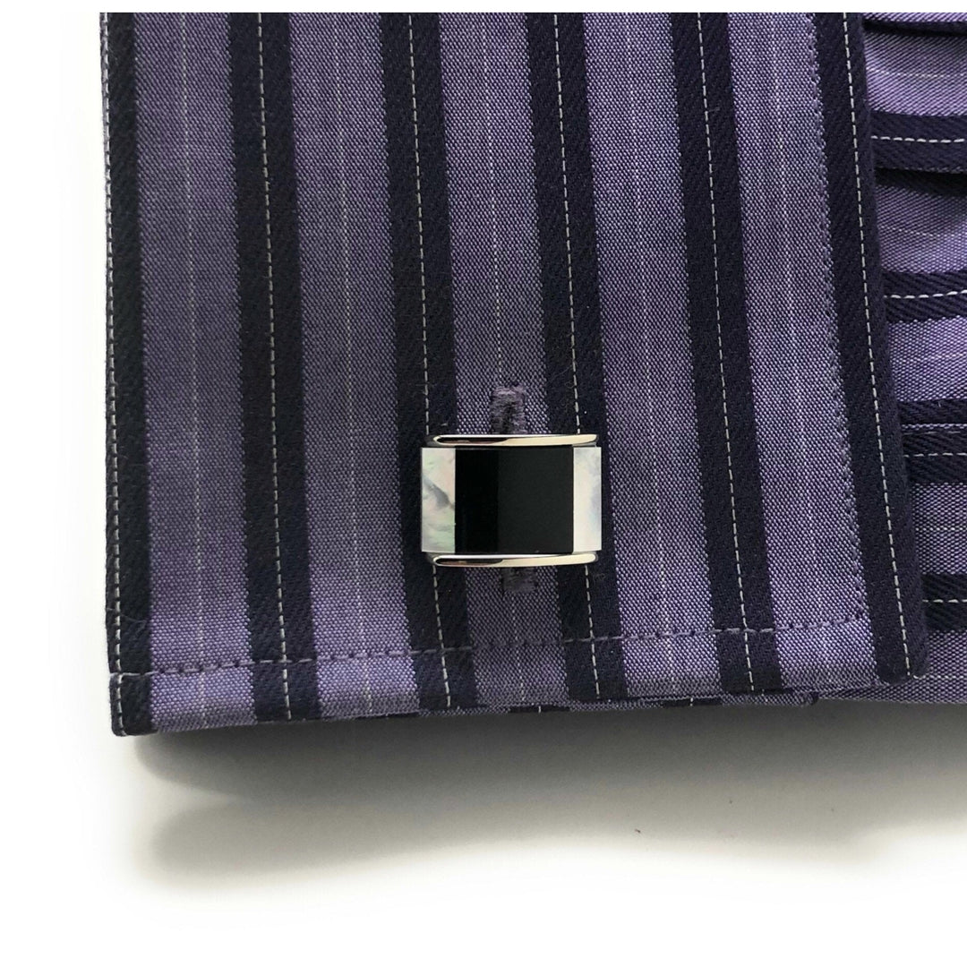 Mens Cufflinks Black Agate Mother of Pearl Twin Stripe Designer Cut Silver Cuff Links Comes with Gift Box Image 4