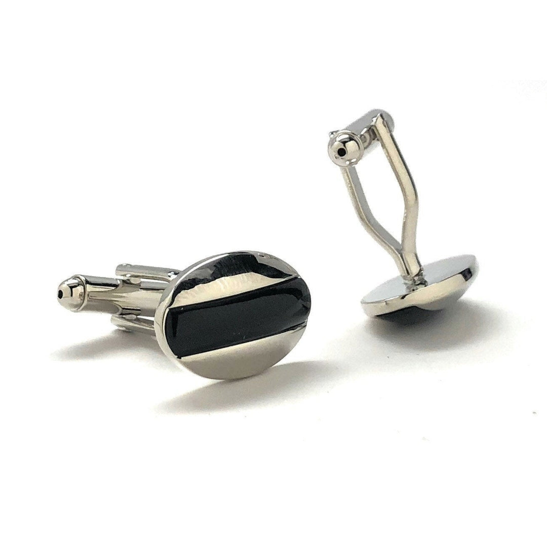 Mens Cufflinks Black Agate Silver Tone Stripe Dome Shaped Designer Cut Silver Cuff Links Comes with Gift Box Image 3