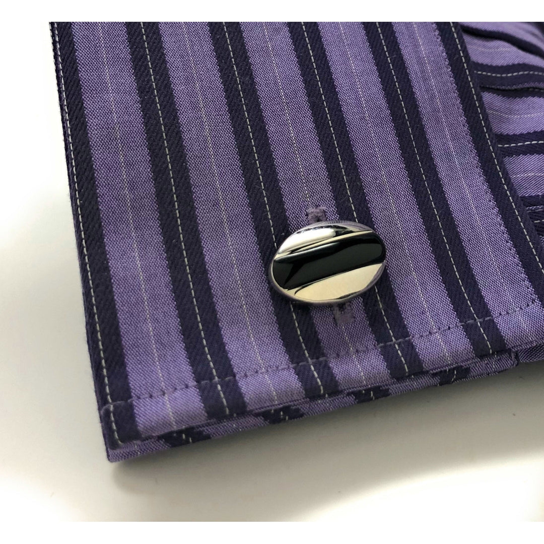 Mens Cufflinks Black Agate Silver Tone Stripe Dome Shaped Designer Cut Silver Cuff Links Comes with Gift Box Image 4