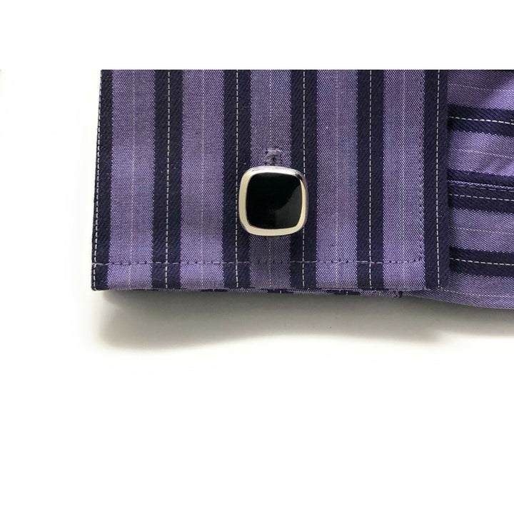 Mens Cufflinks Roman Slant Pillar Shiny Silver Tone with Black Agate Stine Cuff Links Comes with Gift Box Image 4