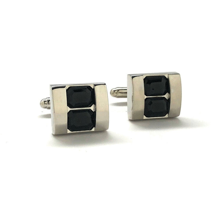 Double Stacking Black Crystal Cufflinks Silver Tone Professional Design Classy Look Cool Cuff Links Comes with Gift Box Image 1