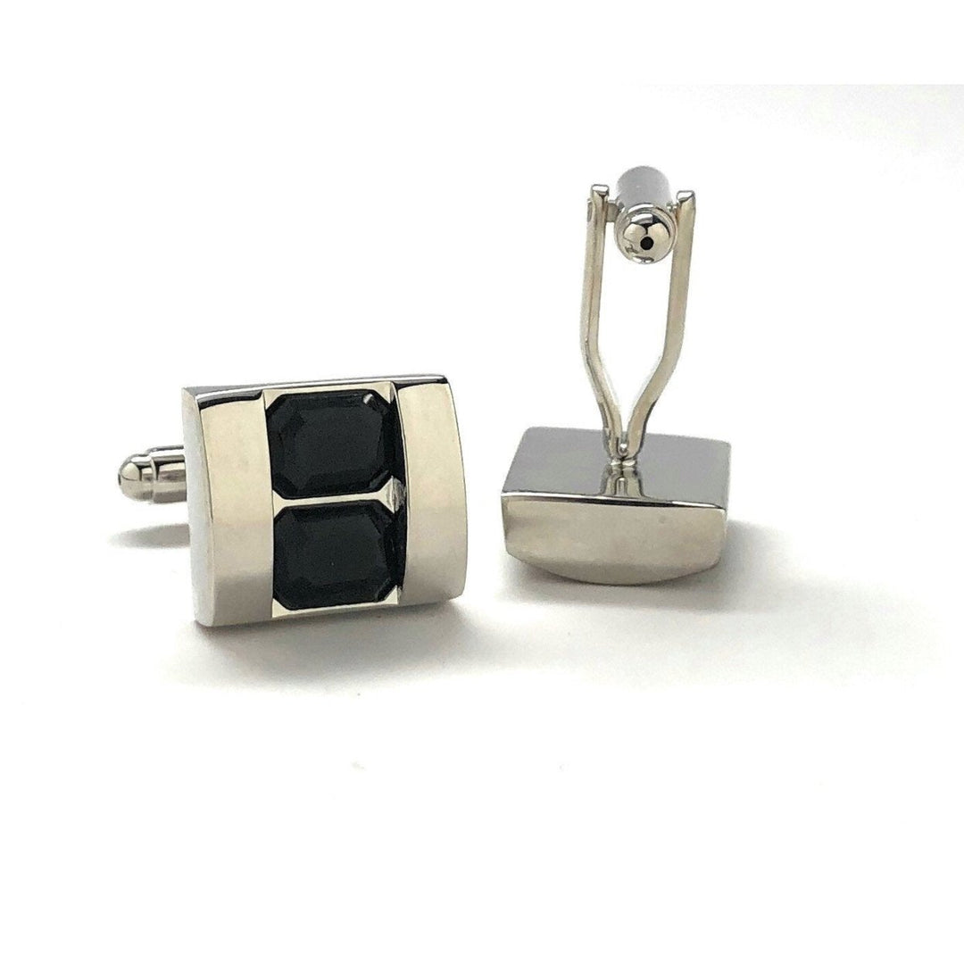 Double Stacking Black Crystal Cufflinks Silver Tone Professional Design Classy Look Cool Cuff Links Comes with Gift Box Image 3