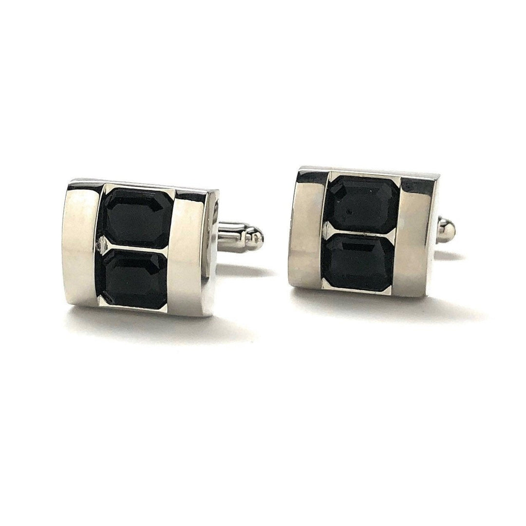 Double Stacking Black Crystal Cufflinks Silver Tone Professional Design Classy Look Cool Cuff Links Comes with Gift Box Image 4