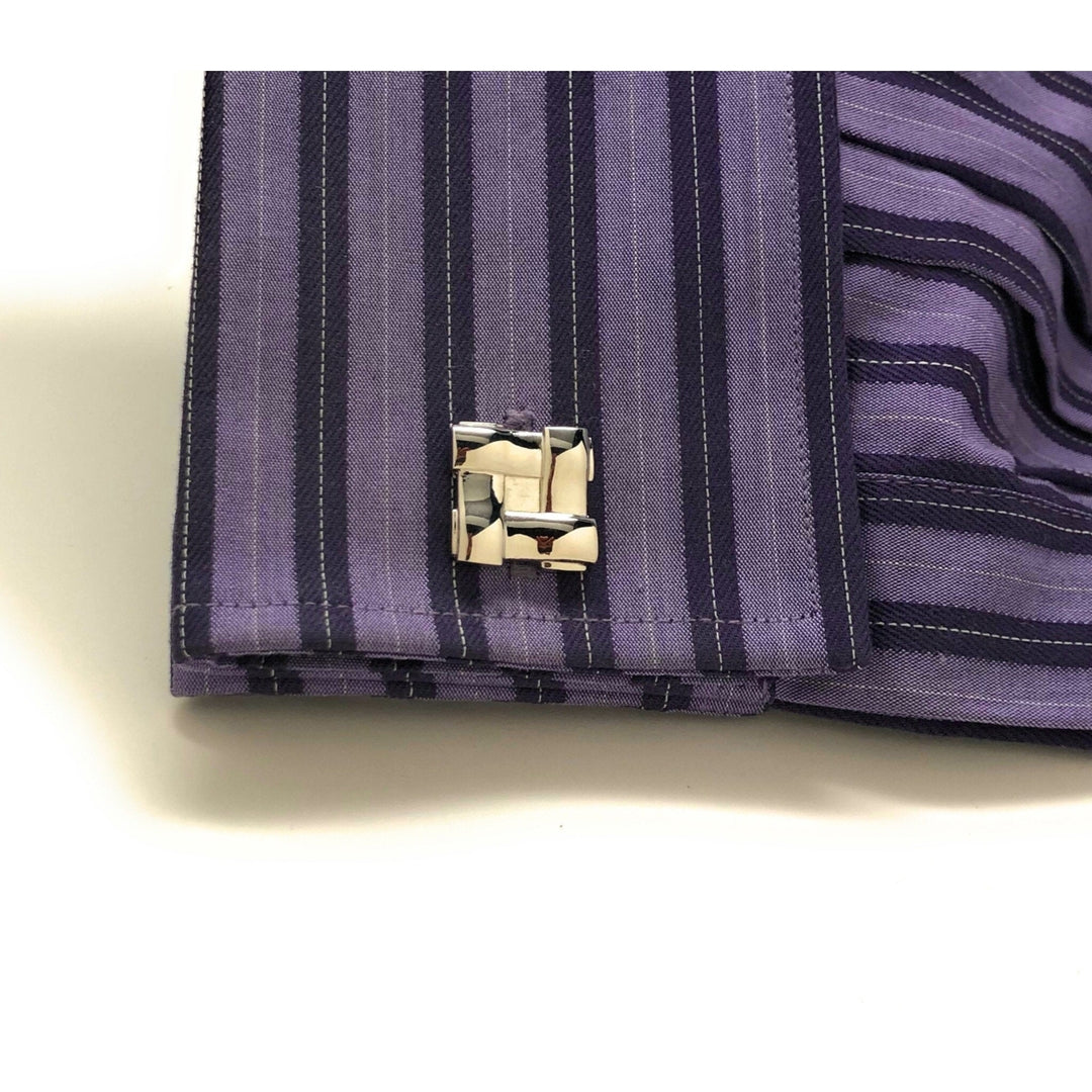 Silver Block Weave Cufflinks Shiny Silver Tone Raised Detail Cuff Links Comes with Gift Box Image 4