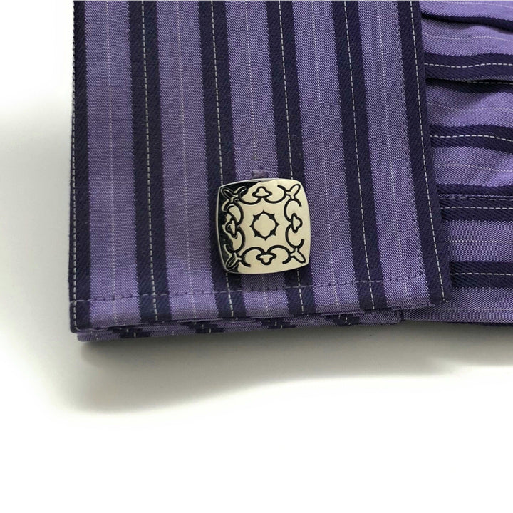 Tribal Symbol Cufflinks Shiny Silver Tone with Black Enamel Etched Detail Cuff Links Comes with Gift Box Image 4