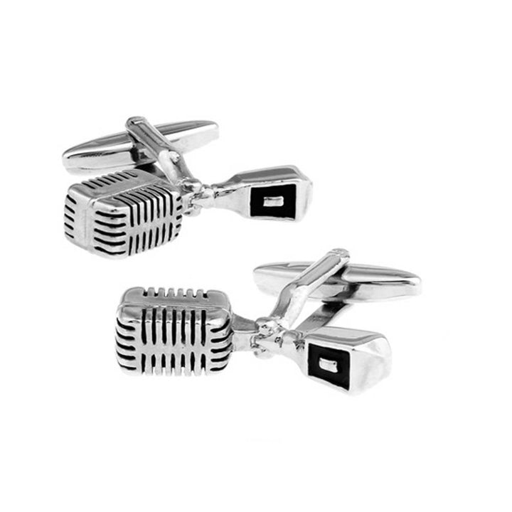 Microphone Cufflinks Silver Tone Black Enamel Broadcast Jockey Old School Talk Show Mic Radio Announcer DJ Cuff Links Image 1