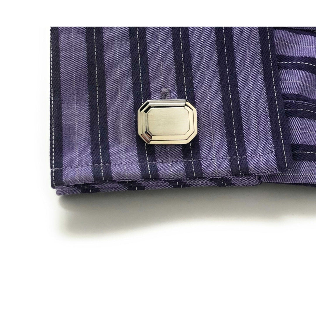 Silver Step Cufflinks Shiny Silver Tone with Brush Silver Block Cuff Links Comes with Gift Box Image 4