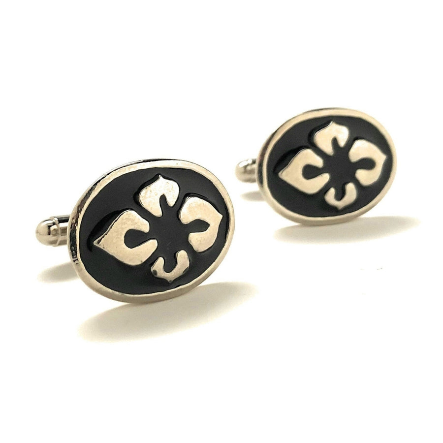 Summer Bloom Cufflinks Flower Silver Tone Oval Black Enamel Cuff Links Image 1