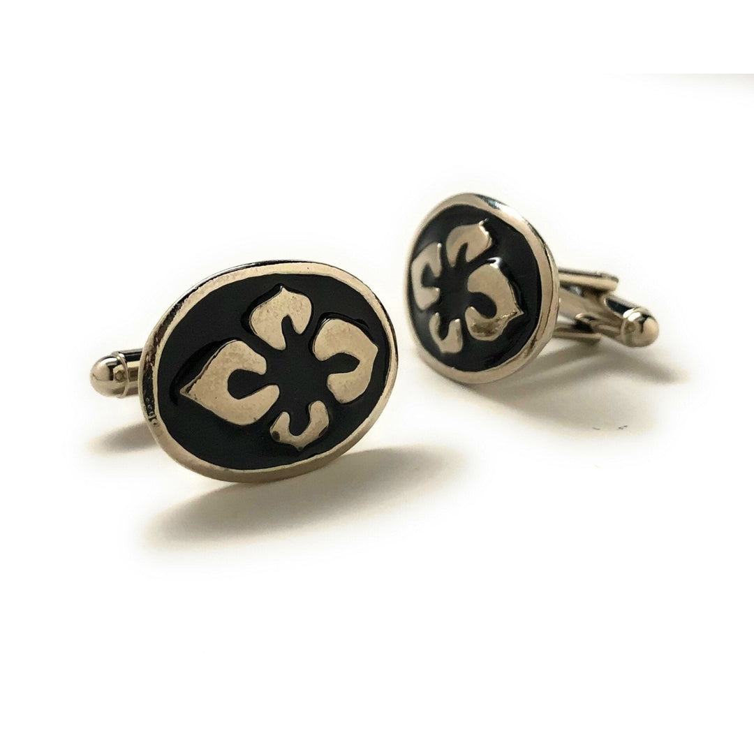 Summer Bloom Cufflinks Flower Silver Tone Oval Black Enamel Cuff Links Image 2