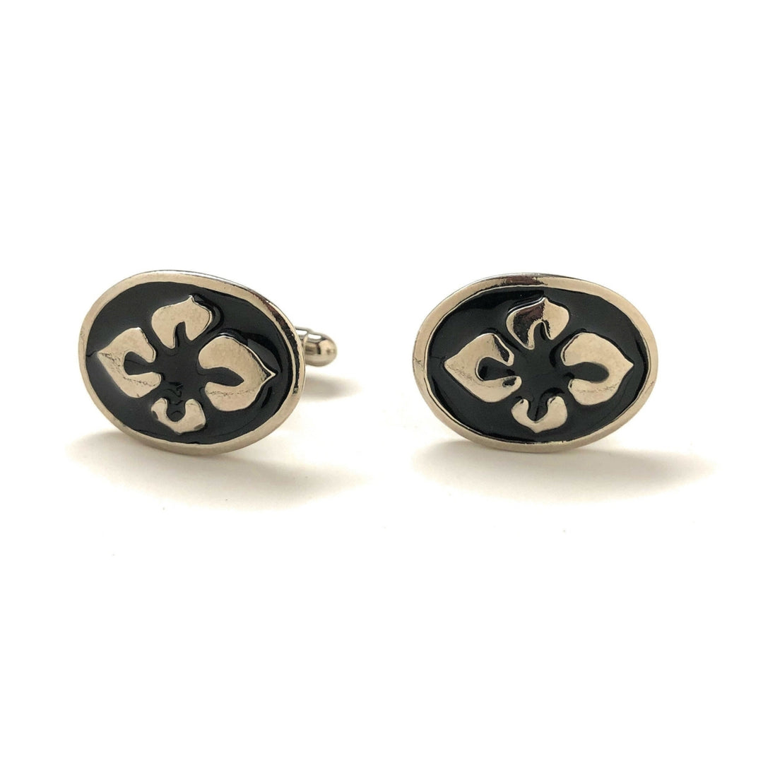 Summer Bloom Cufflinks Flower Silver Tone Oval Black Enamel Cuff Links Image 4