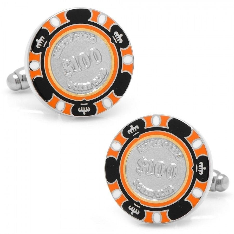 Monte Carlo Orange and Black 100 Dollar Poker Chip Gambler Cufflinks Play The Odds Fun Cuff Links Image 1