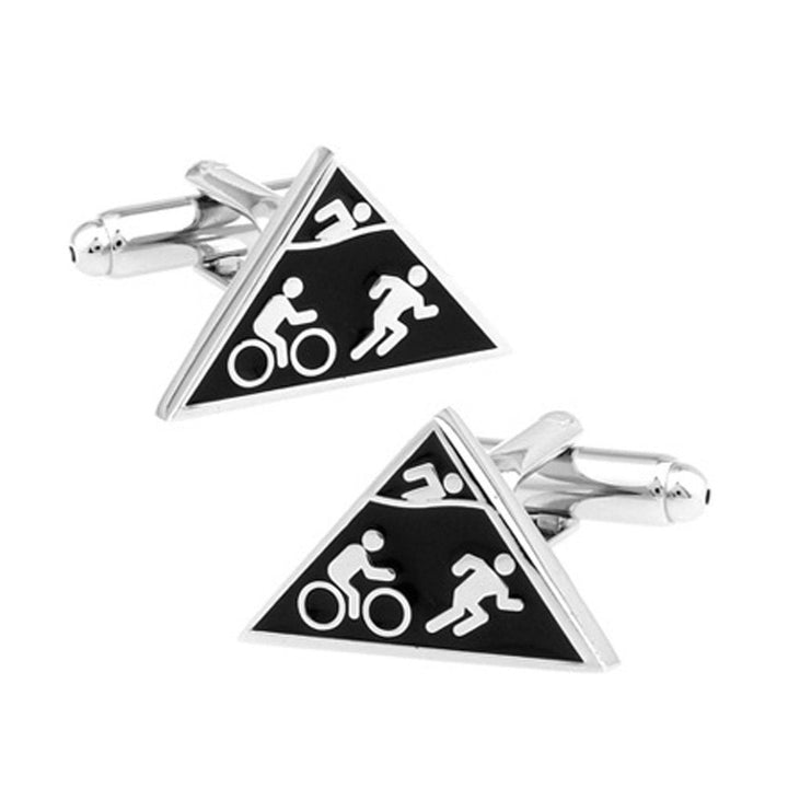 Triathlon Cufflinks Swim Bike Run Triangle Design 3D Black Enamel Matt Finish Silver Tone Sport Cool Fun Competition Image 1